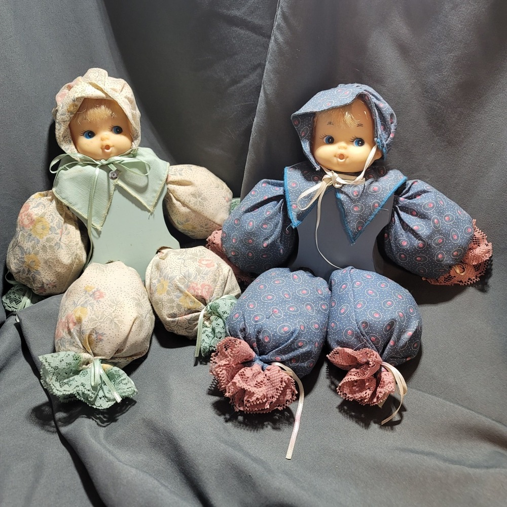 2 Vintage Handmade Wooden Folk Art Doll‎ Rustic Primitive Cloth Wooden Body